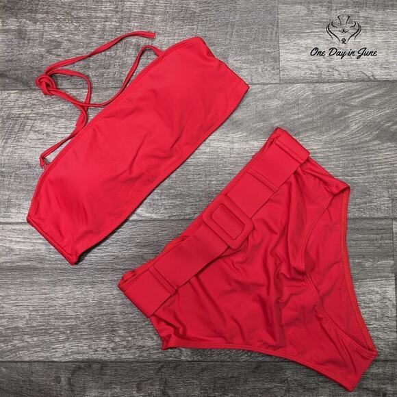 Amzbrly Bandeau Halter Belted Bikini Swimsuit Size L - Picture 1 of 3